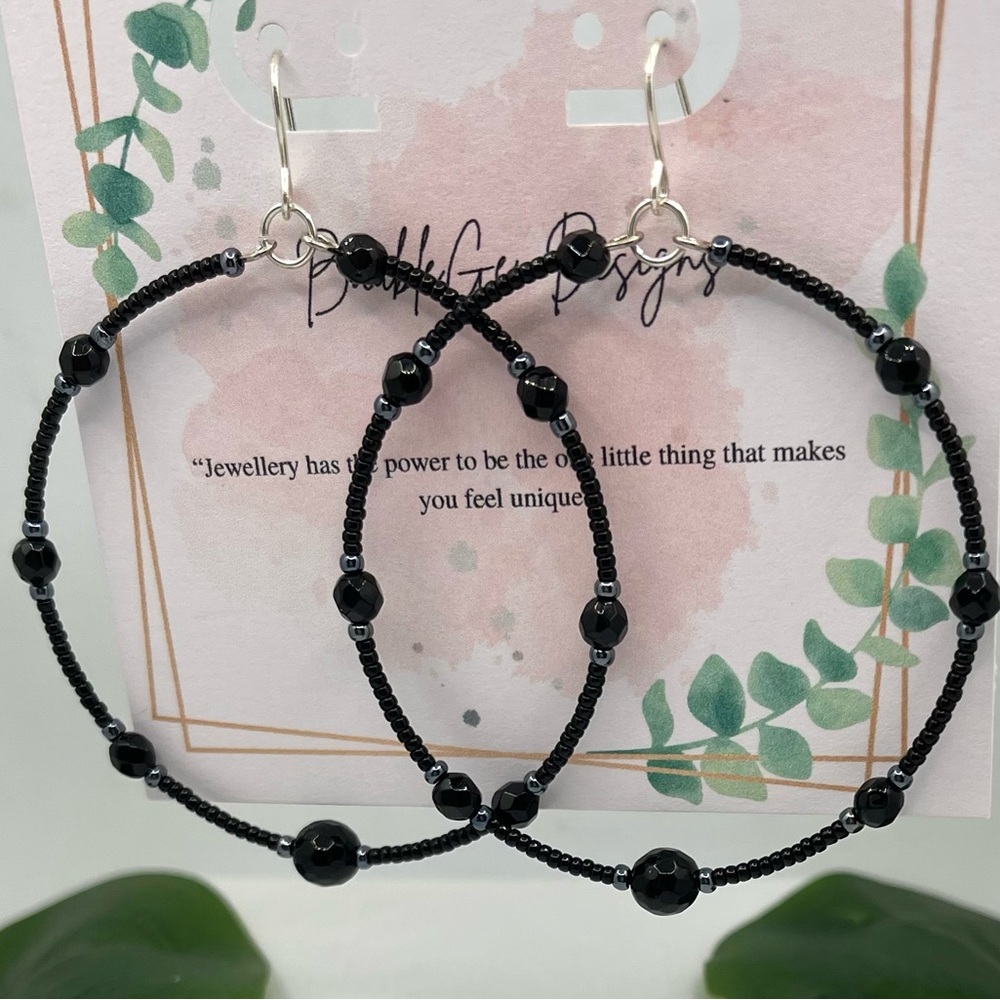 Black Onix and Premium Japanese seed Beads hoop earrings-Silver plated findings